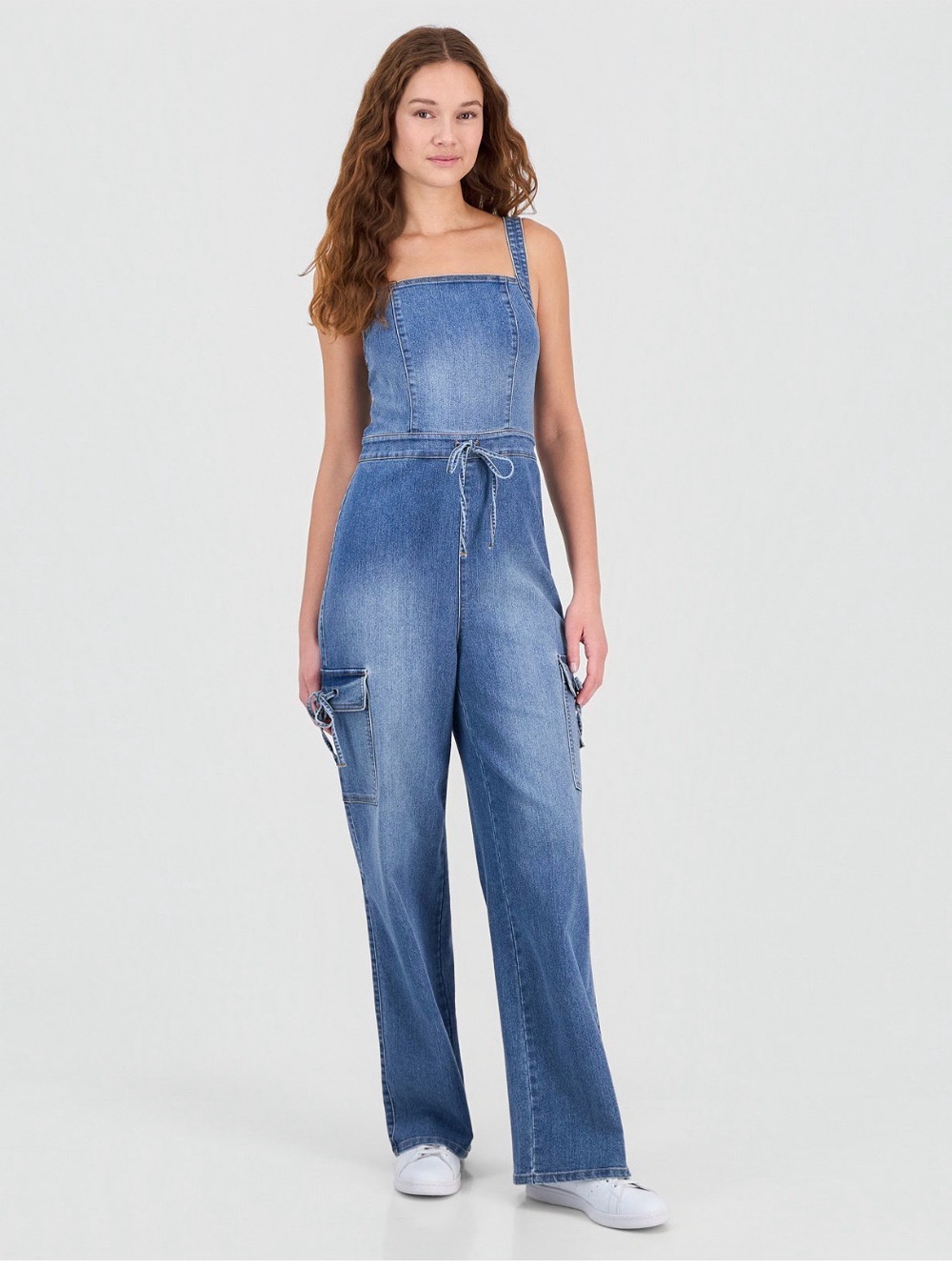 Tinseltown Medium Blue Denim Tie-Waist Overalls